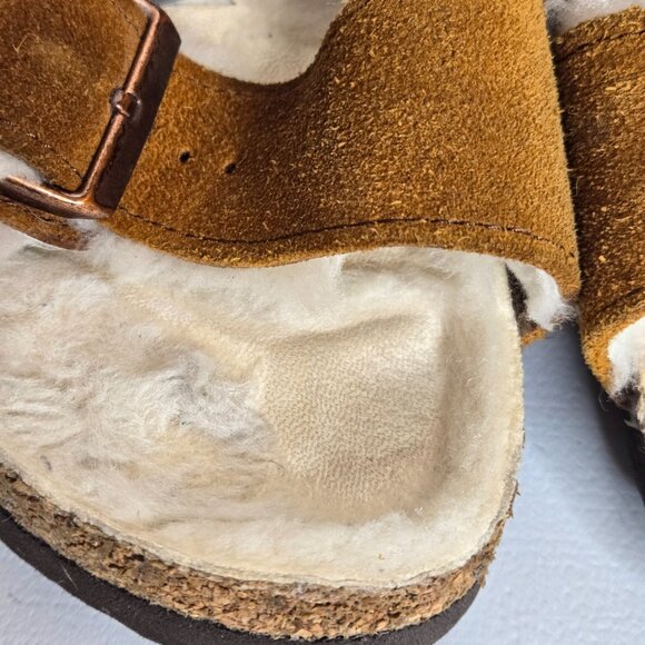 Birkenstock Shearling Suede Arizona Cognac Sandals Sz 37 EU Women 6-6.5 US - Picture 11 of 12